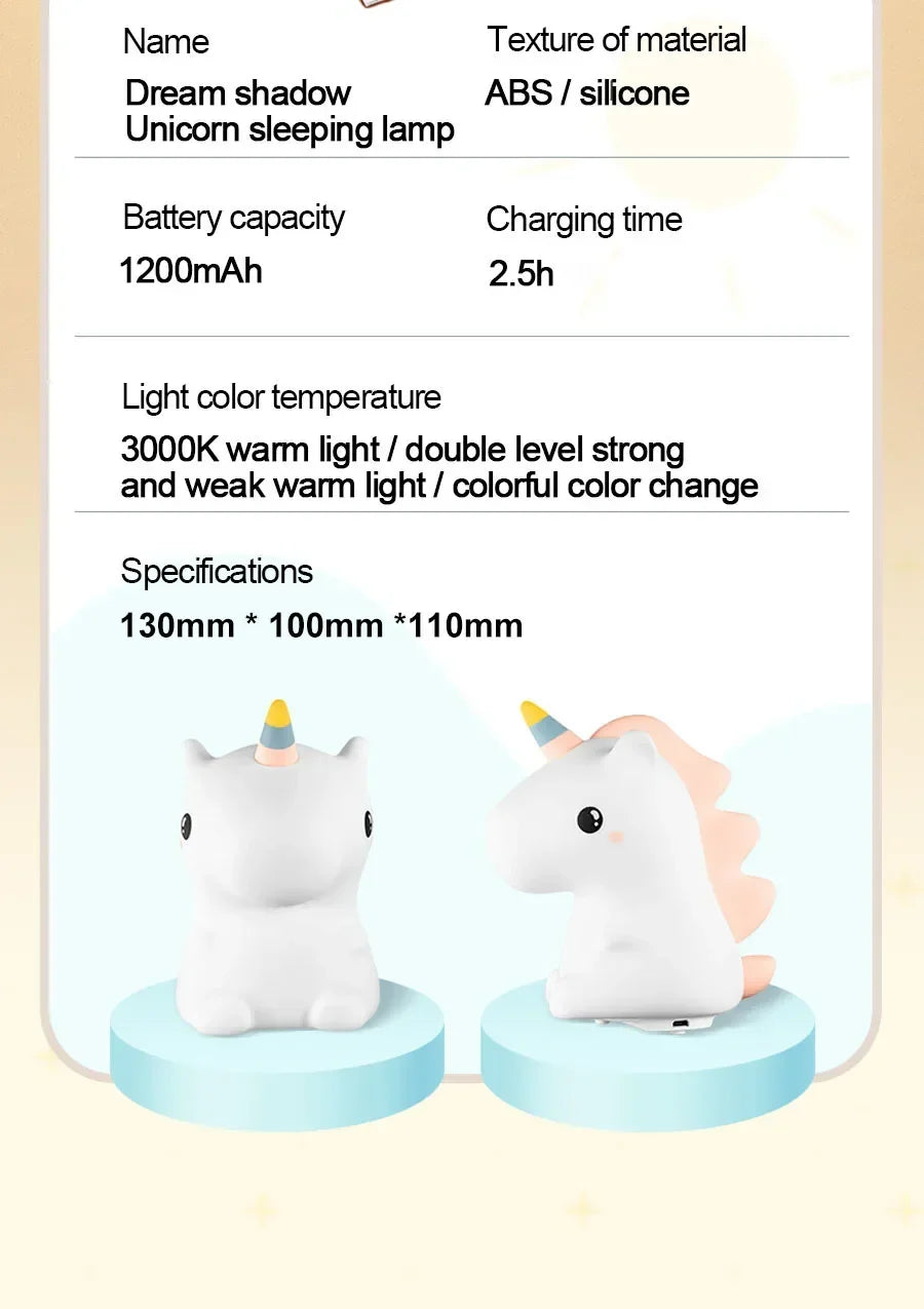 unicorn Cute Silicone LED Night Light For Kids children USB Rechargeable Cartoon Animal bedroom decor for Touch Night Lamp gifts