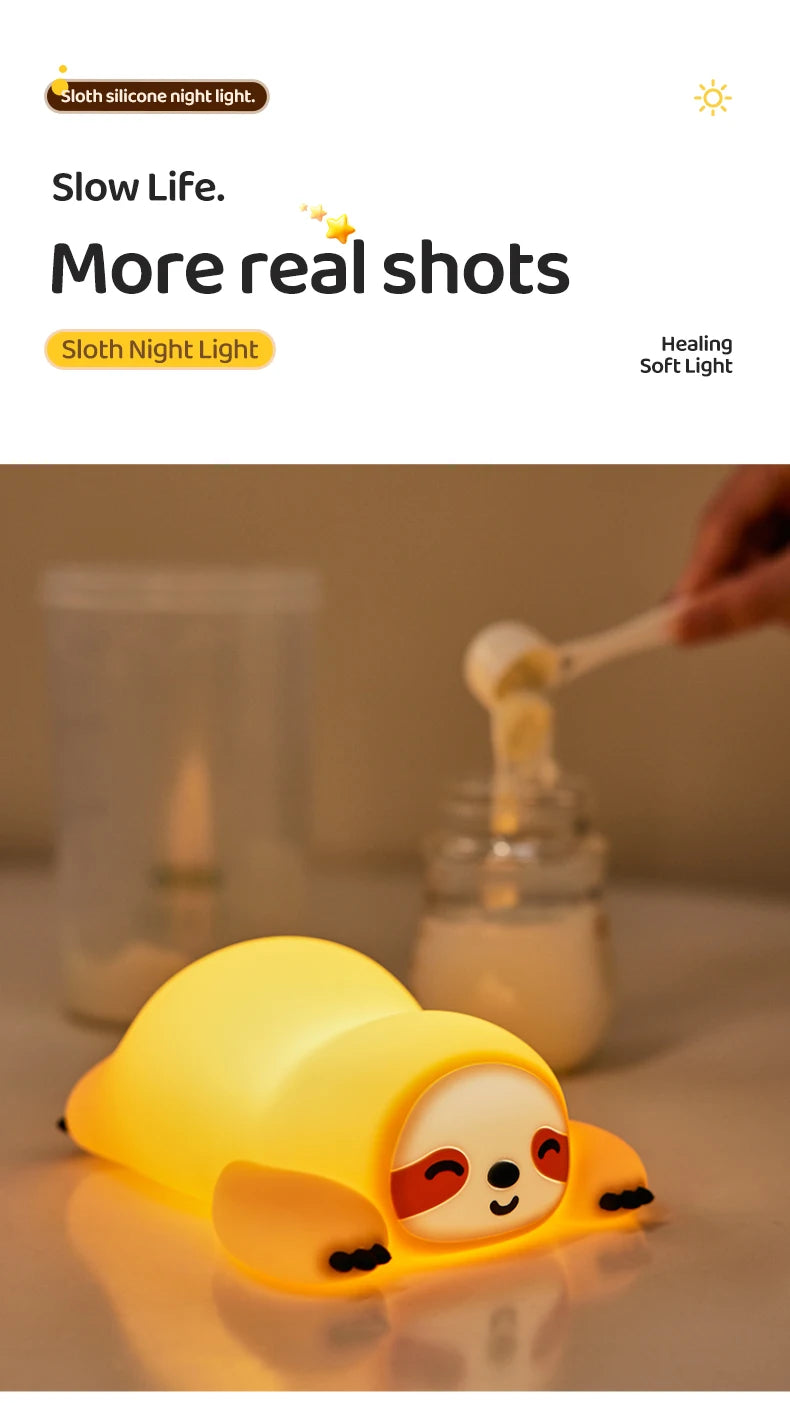 TinyGlow & Co™ Sloth Silicone LED Night Light – Rechargeable Dimmable Animal Lamp
