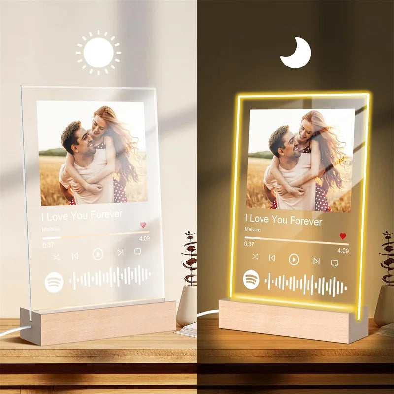 TinyGlow & Co™ Custom Acrylic Music Plaque with LED Light - Personalized Song & Photo Frame