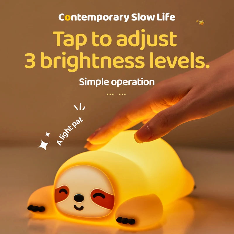 TinyGlow & Co™ Sloth Silicone LED Night Light – Rechargeable Dimmable Animal Lamp