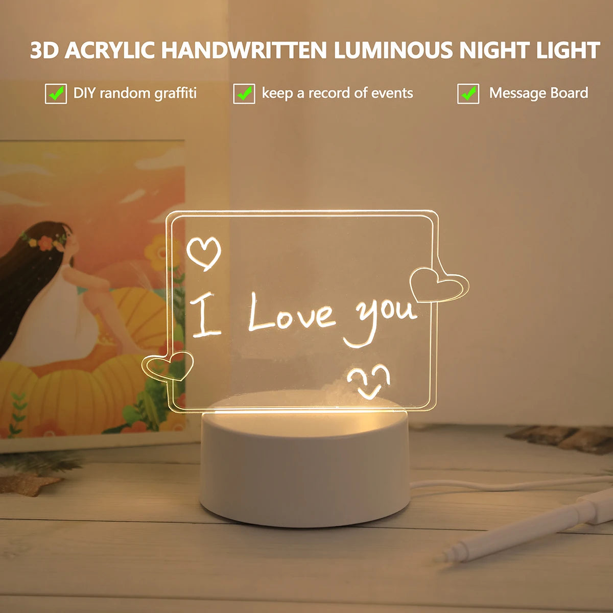 TinyGlow & Co™ USB Creative 3D Luminous Erasable Message Board Night Light