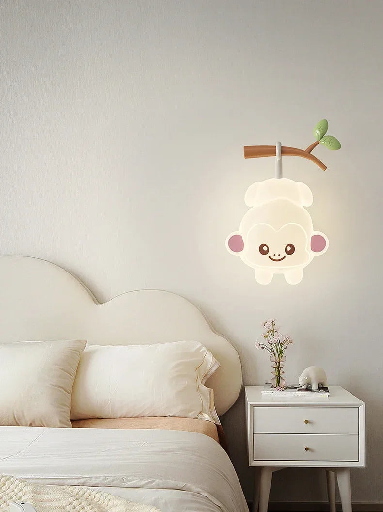 TinyGlow & Co™ Tree Branch Wall Lamp – Monkey & Bear LED Sconce for Kids Room