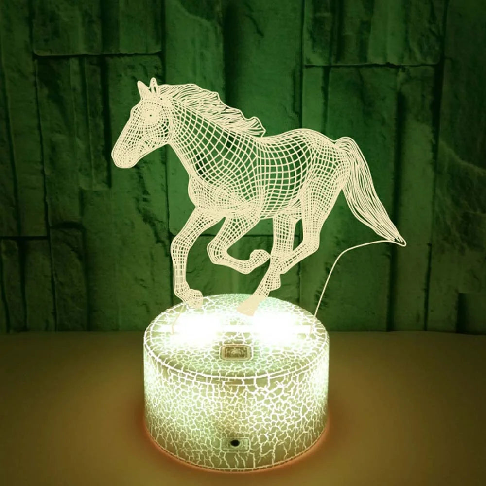TinyGlow & Co™ 3D Illusion Horse LED Night Light - 16 Color Remote Control Table Lamp for Kids