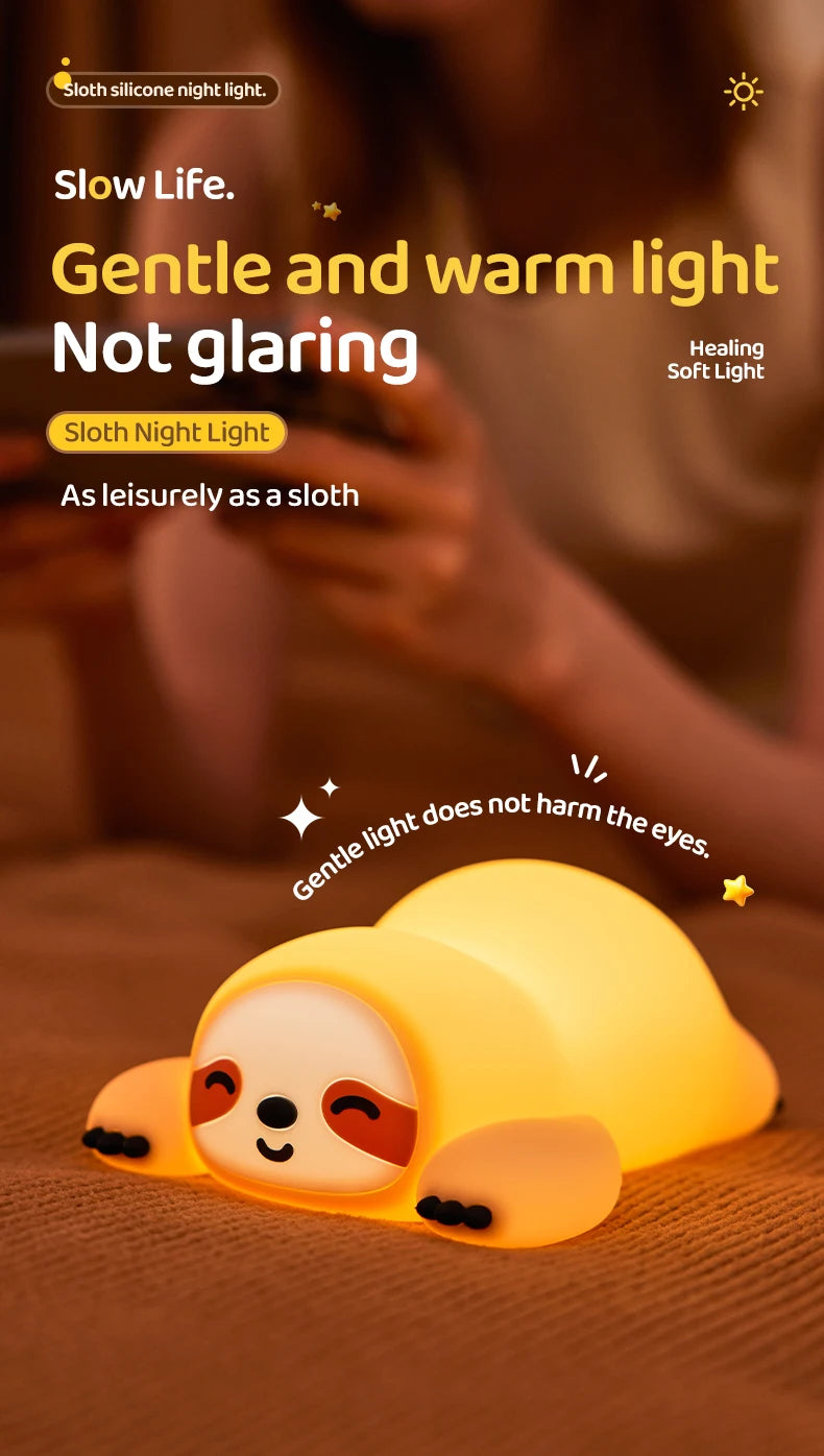 TinyGlow & Co™ Sloth Silicone LED Night Light – Rechargeable Dimmable Animal Lamp