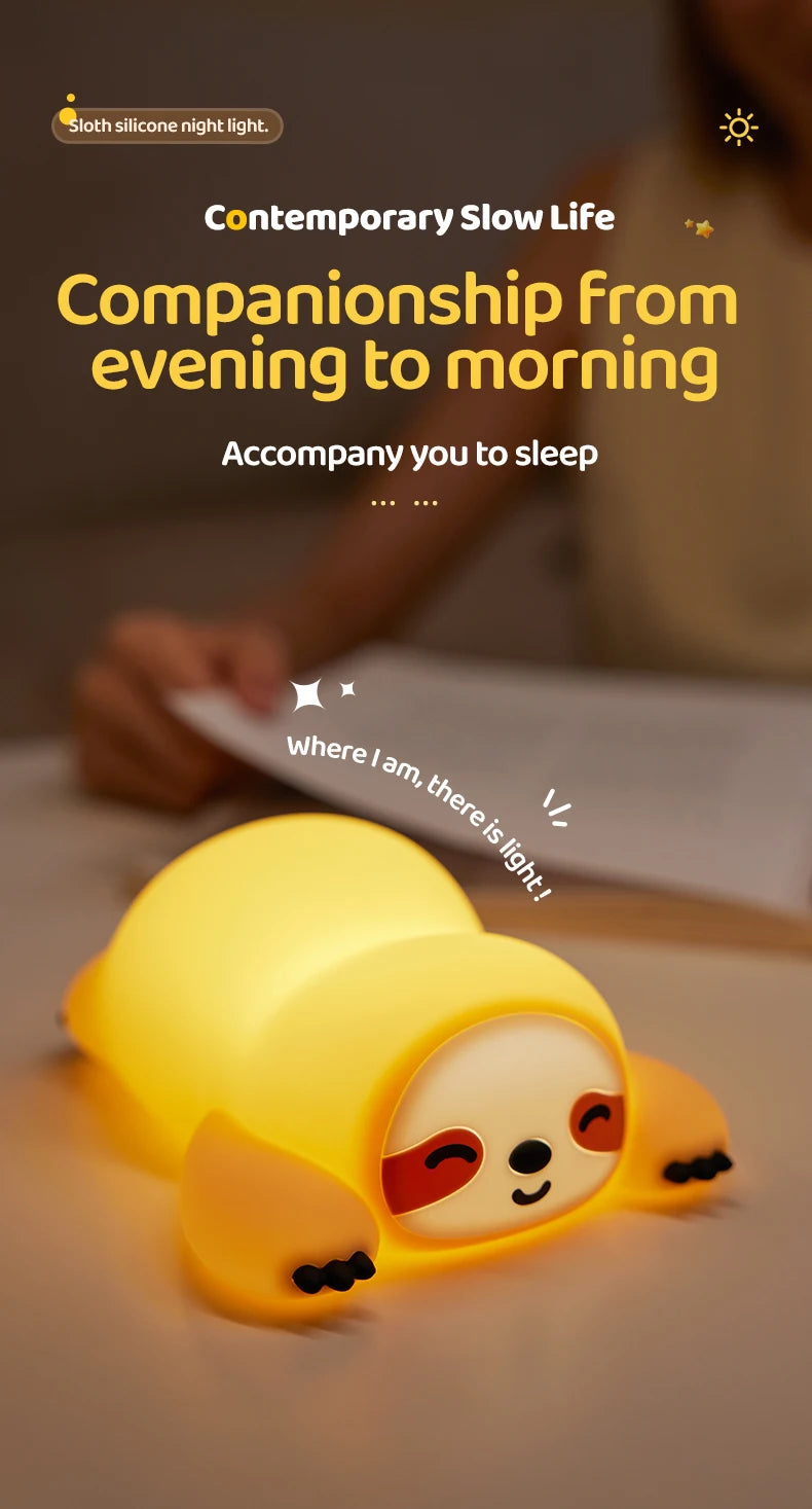 TinyGlow & Co™ Sloth Silicone LED Night Light – Rechargeable Dimmable Animal Lamp