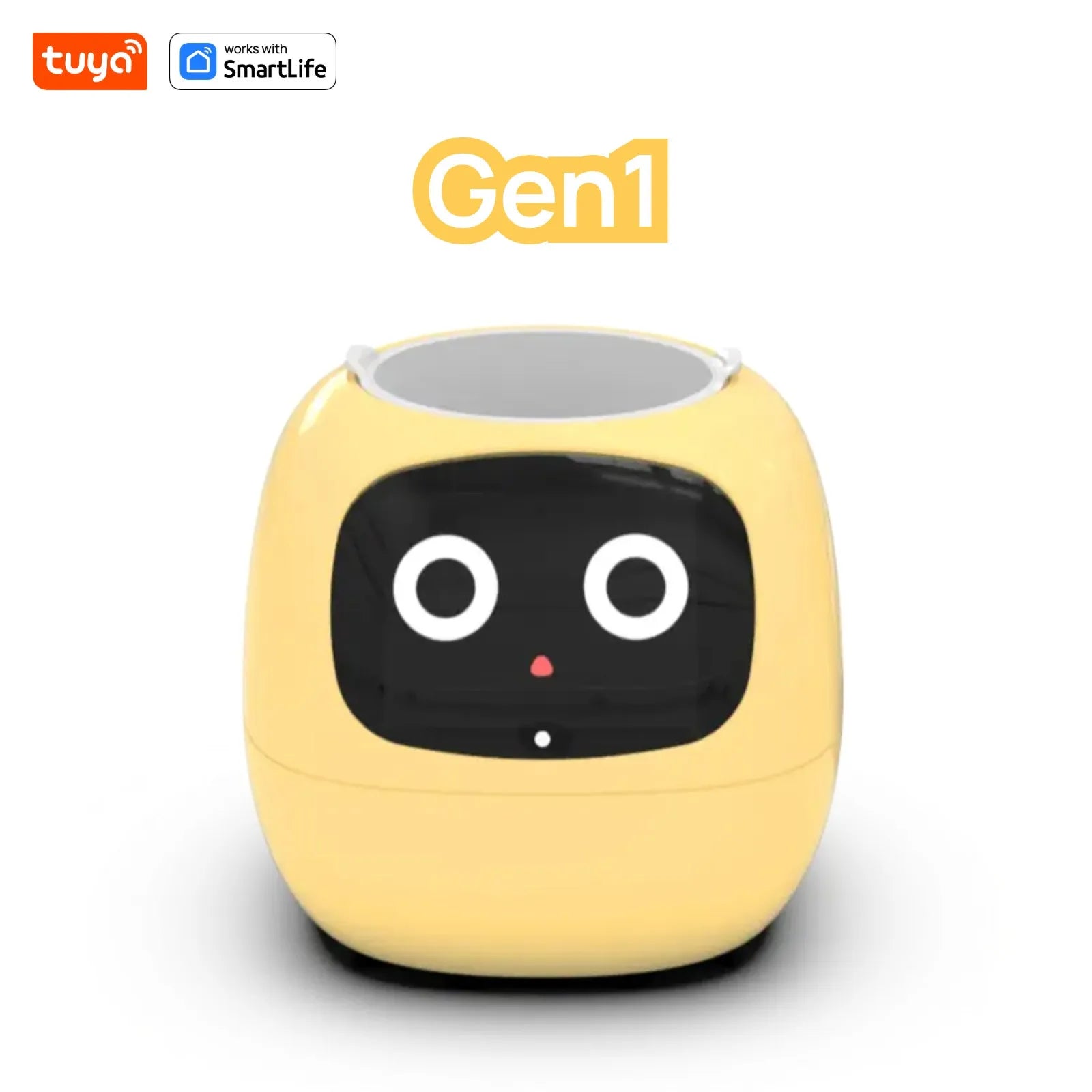 Yellow and black device with a face on a white background, featuring Tuya and SmartLife logos.