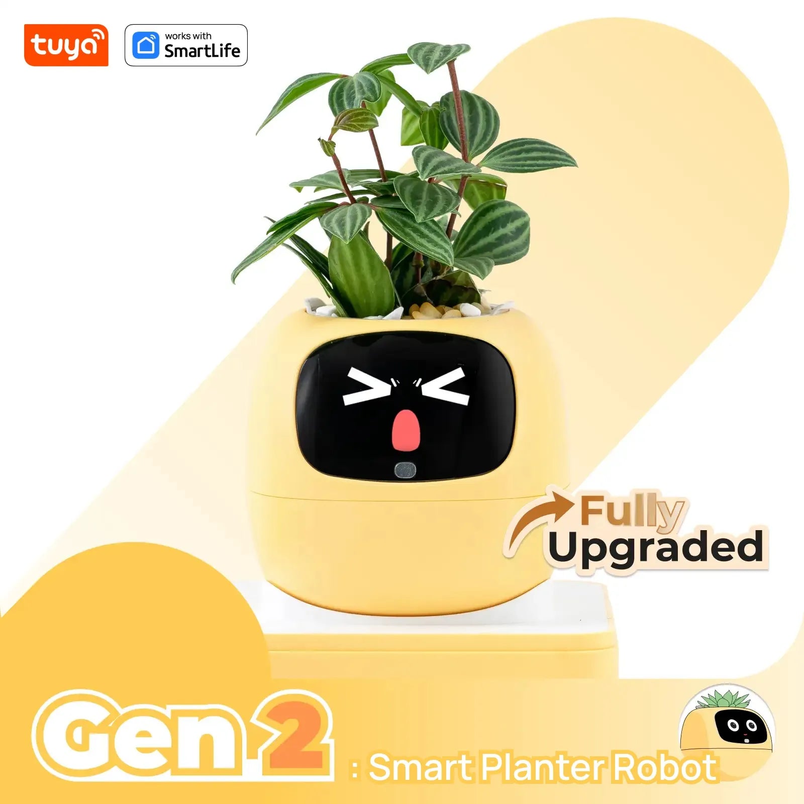 Smart planter robot with a plant, featuring Tuya and SmartLife logos, on a white background.