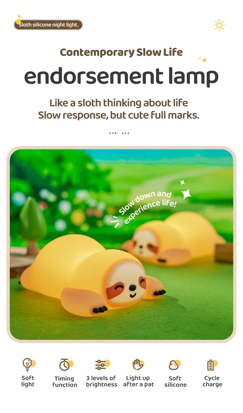 TinyGlow & Co™ Sloth Silicone LED Night Light – Rechargeable Dimmable Animal Lamp