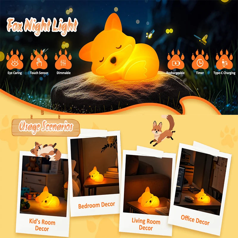 TinyGlow & Co™ Fox Silicone Night Light – Rechargeable Dimmable Timer Touch Lamp