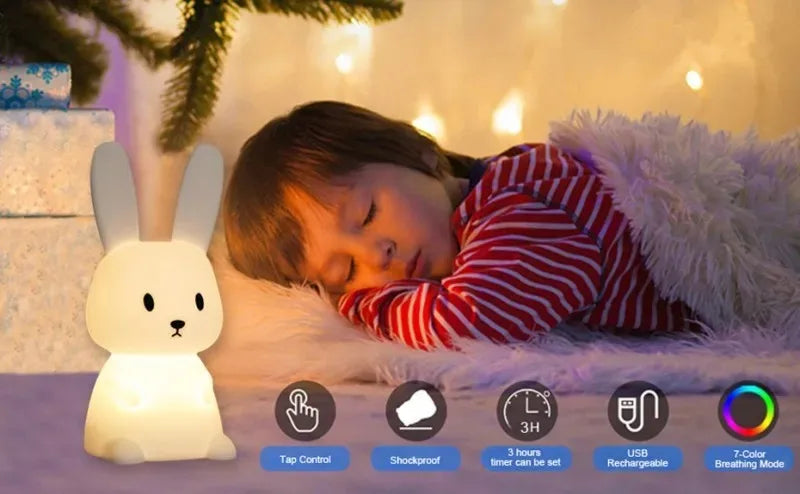 TinyGlow & Co™ Rabbit Silicone Night Light – Touch Sensor LED Lamp for Kids