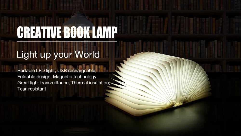 TinyGlow & Co™ Wooden Book Lamp – USB Rechargeable LED Reading Light for Kids