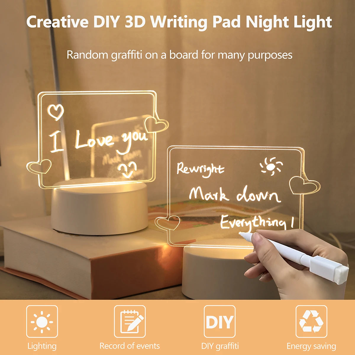 TinyGlow & Co™ USB Creative 3D Luminous Erasable Message Board Night Light