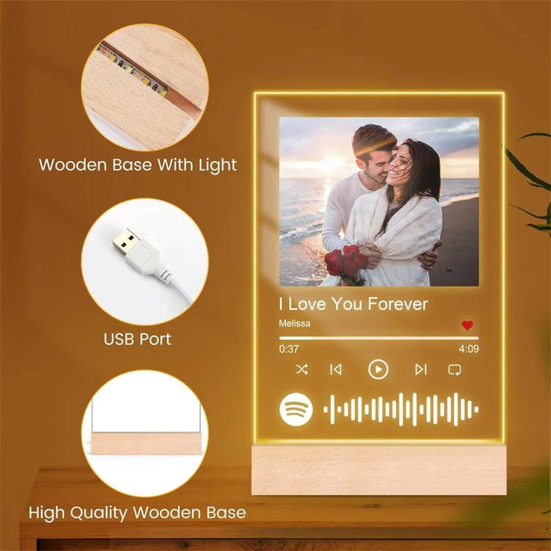 TinyGlow & Co™ Custom Acrylic Music Plaque with LED Light - Personalized Song & Photo Frame