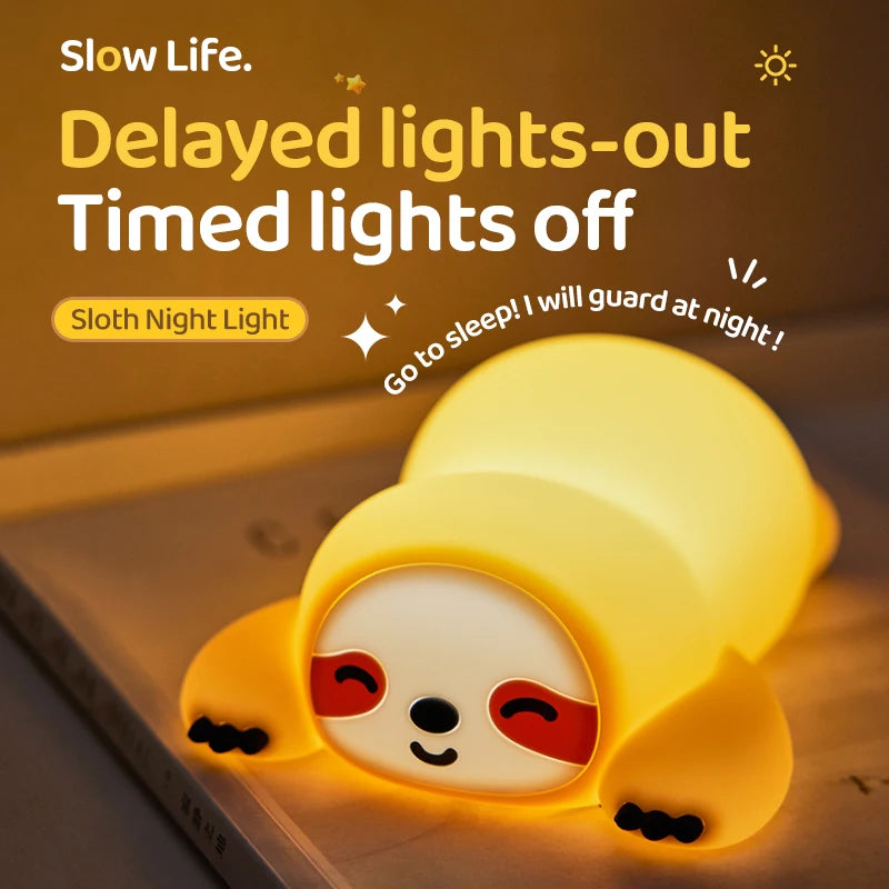 TinyGlow & Co™ Sloth Silicone LED Night Light – Rechargeable Dimmable Animal Lamp