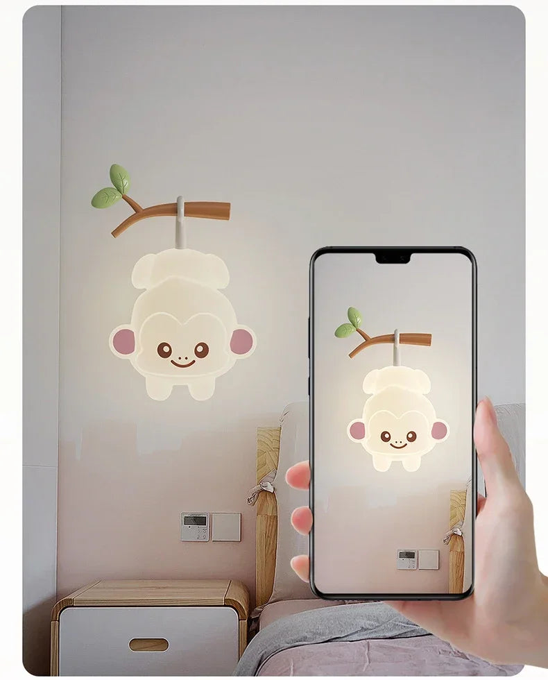 TinyGlow & Co™ Tree Branch Wall Lamp – Monkey & Bear LED Sconce for Kids Room