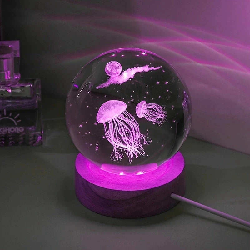 TinyGlow & Co™ 3D Jellyfish Crystal Ball LED Night Light – Laser Engraved Ambient Lamp