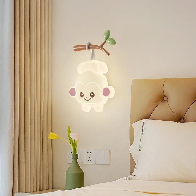 TinyGlow & Co™ Tree Branch Wall Lamp – Monkey & Bear LED Sconce for Kids Room