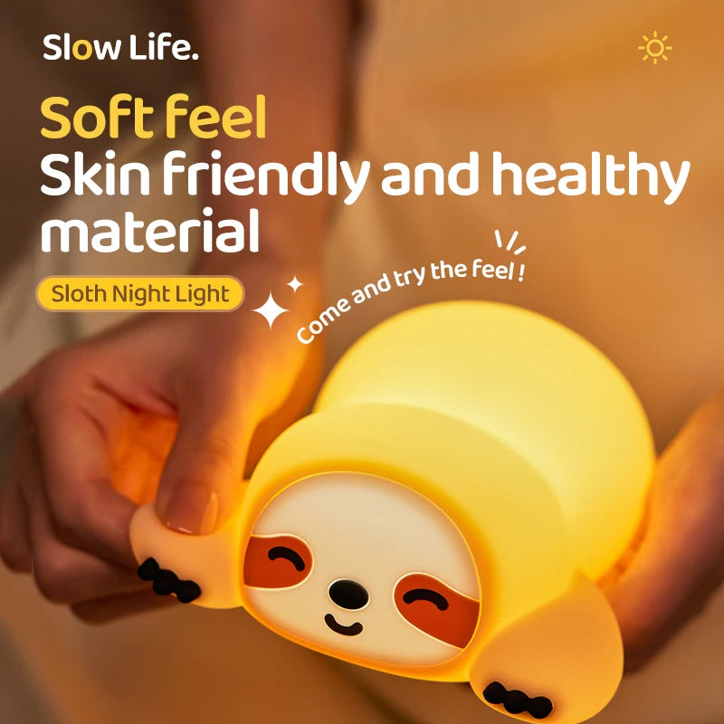 TinyGlow & Co™ Sloth Silicone LED Night Light – Rechargeable Dimmable Animal Lamp
