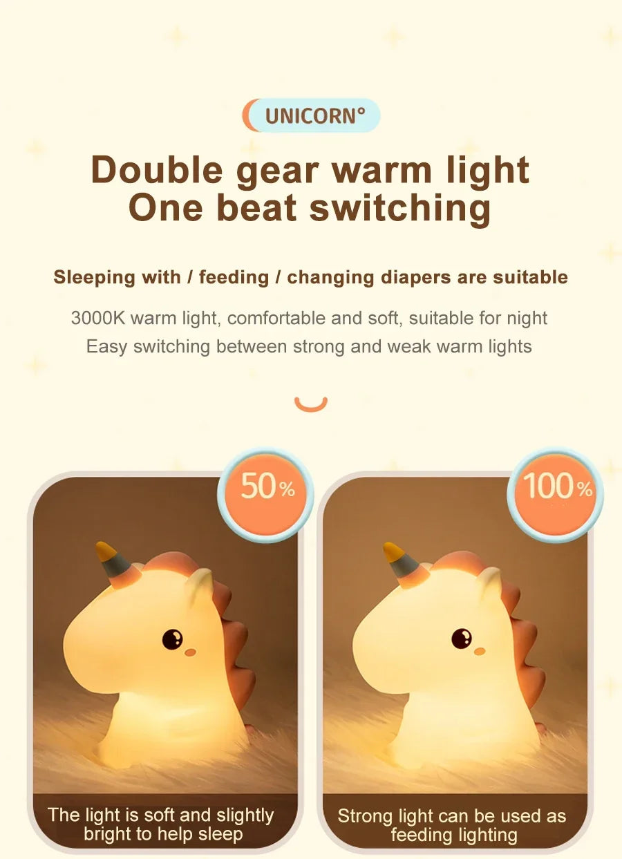 unicorn Cute Silicone LED Night Light For Kids children USB Rechargeable Cartoon Animal bedroom decor for Touch Night Lamp gifts