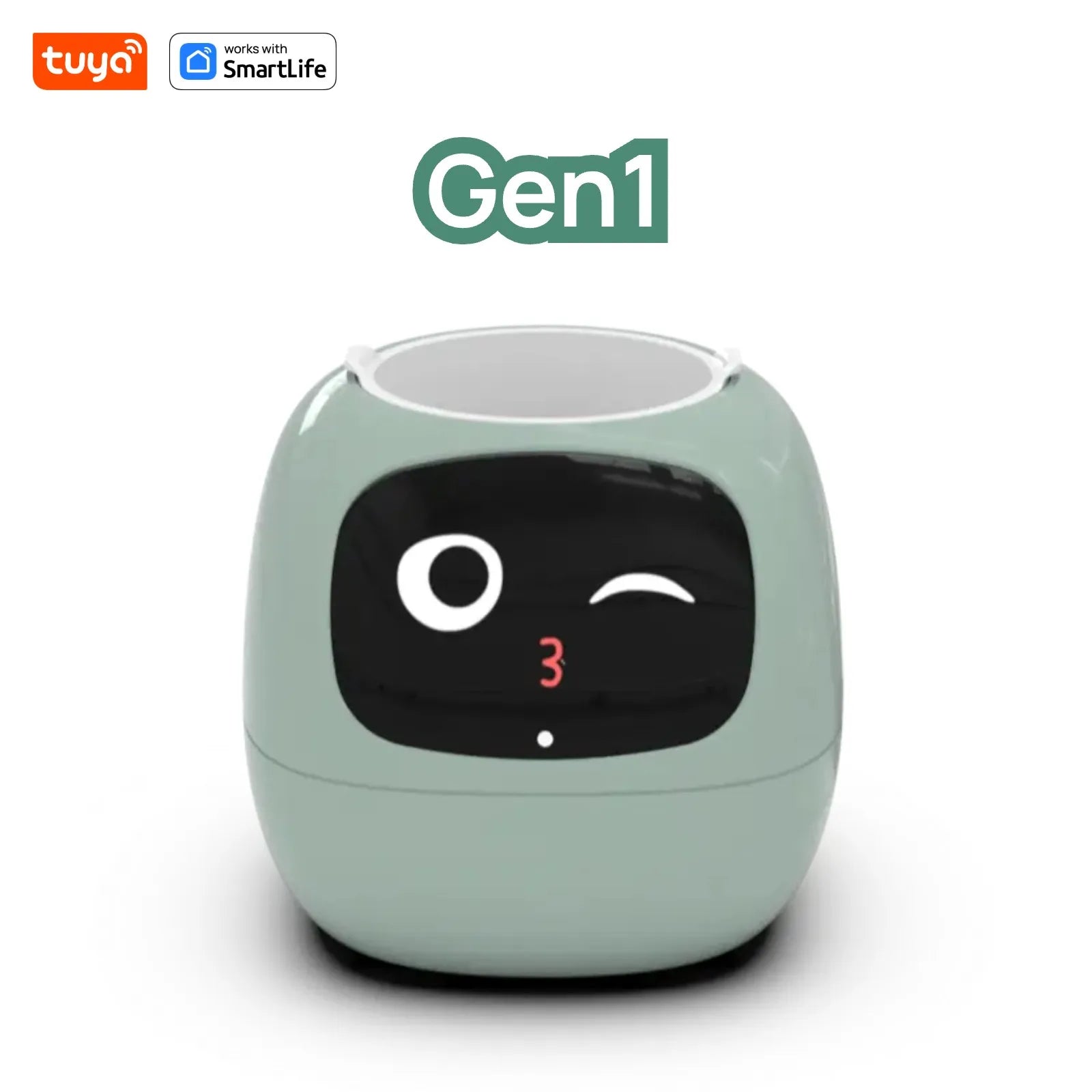 Green smart device with a face on a white background, featuring Tuya and SmartLife logos.