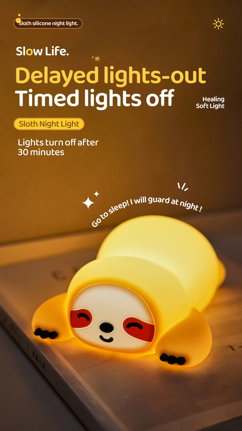 TinyGlow & Co™ Sloth Silicone LED Night Light – Rechargeable Dimmable Animal Lamp
