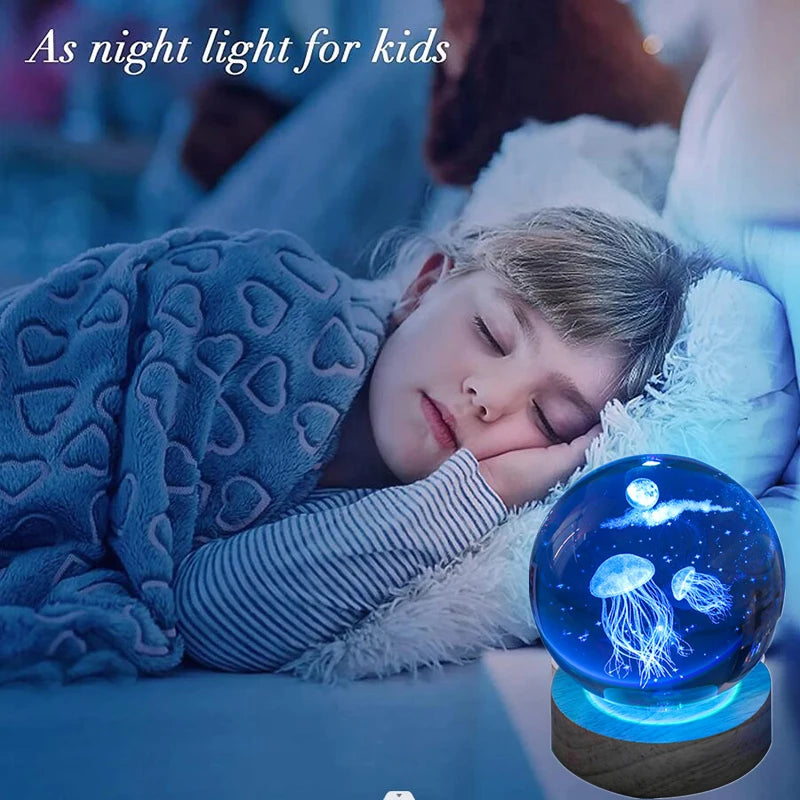 TinyGlow & Co™ 3D Jellyfish Crystal Ball LED Night Light – Laser Engraved Ambient Lamp