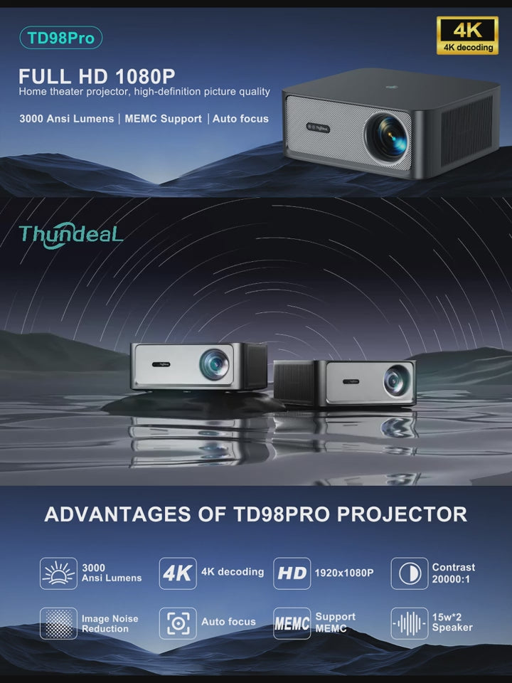 TinyGlow & Co™ ThundeaL TD98 Pro 4K Projector 3000ANSI Android WiFi Home Theater